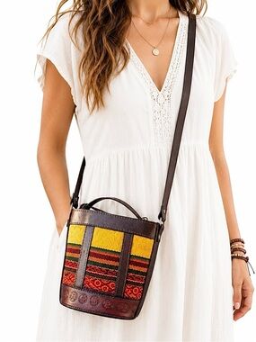 Woven Textile Leather Crossbody Bag Boho Multicolour
